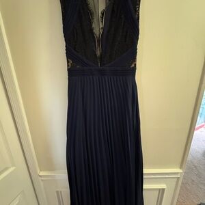 Xscape Navy Blue Pleated Plunge Gown